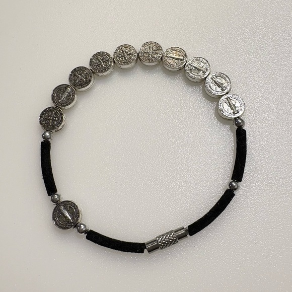 St. Benedict Double Sided Black Silver Tone Screw Closure Bracelet - Picture 2 of 11